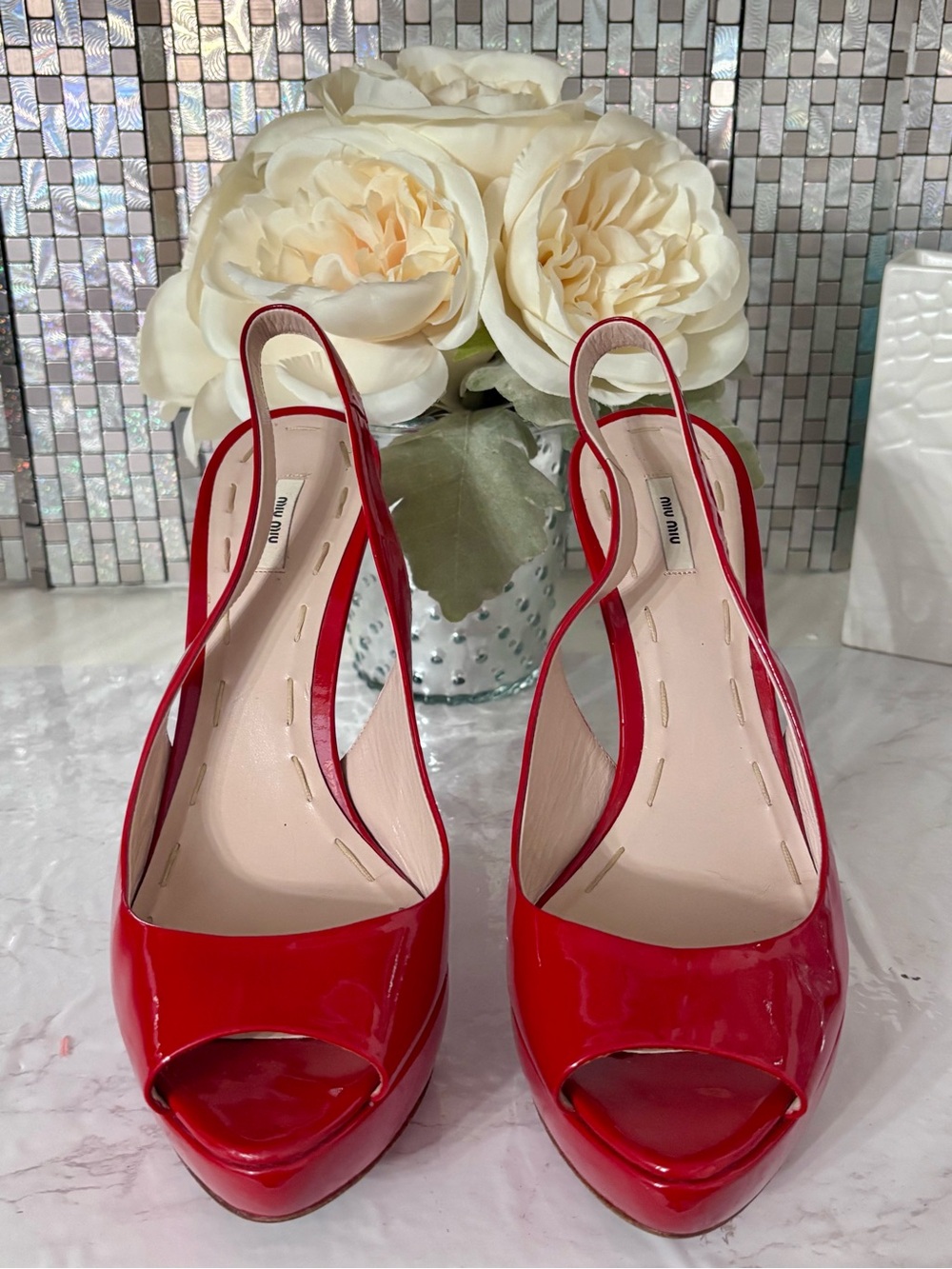 Miu Miu Red Patent Peep-Toe Slingback Platforms